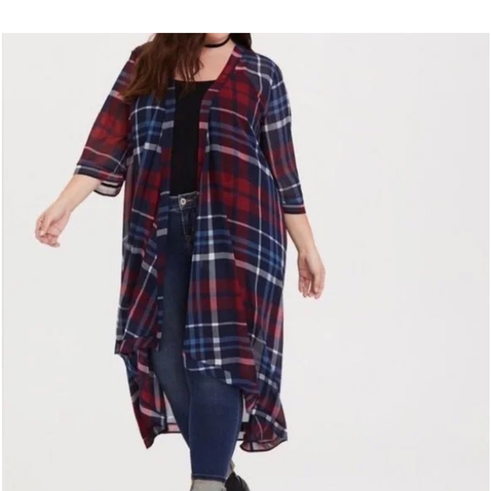 Torrid Red and Blue Plaid CHIFFON MAXI HIGH LOW KIMONO SIZE 1/2